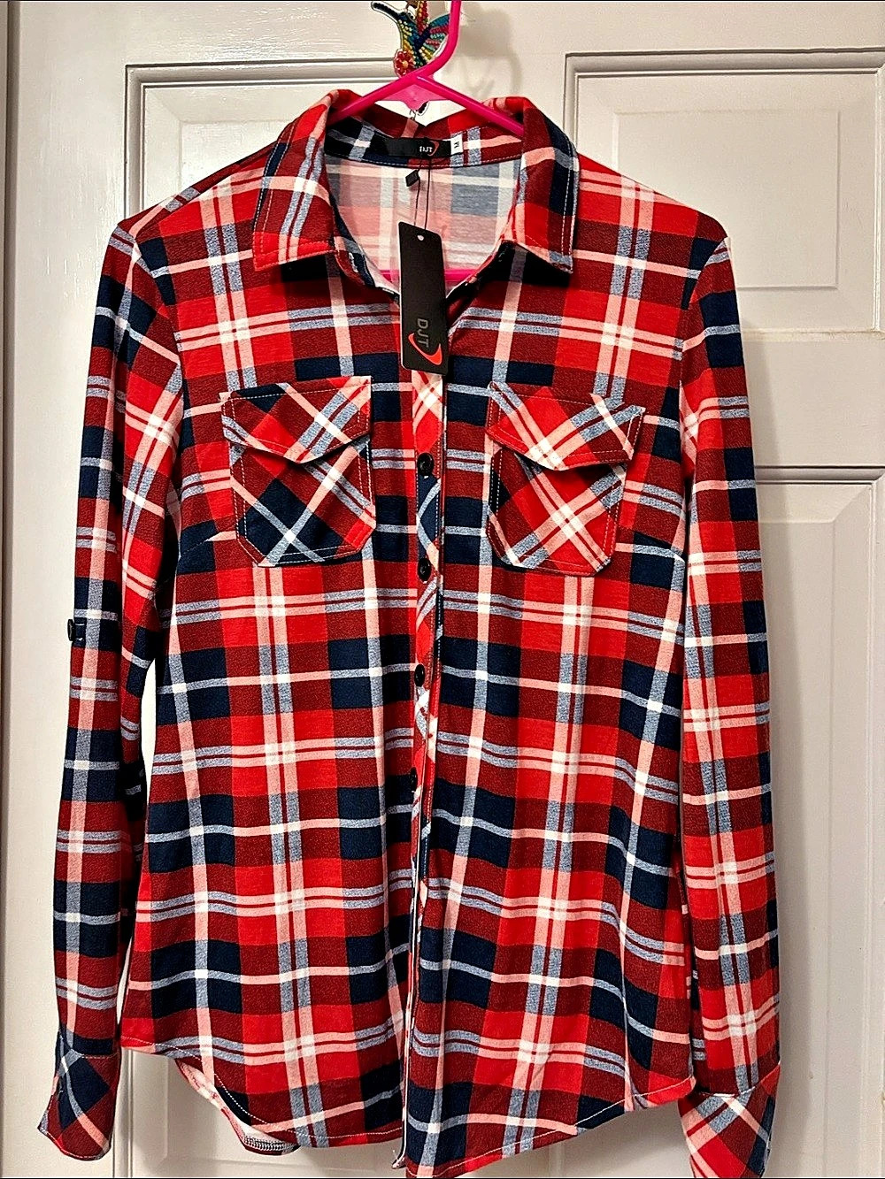 DJT Roll Up Long Sleeve Red Plaid Women's Collared Button Down Plaid Shirt
